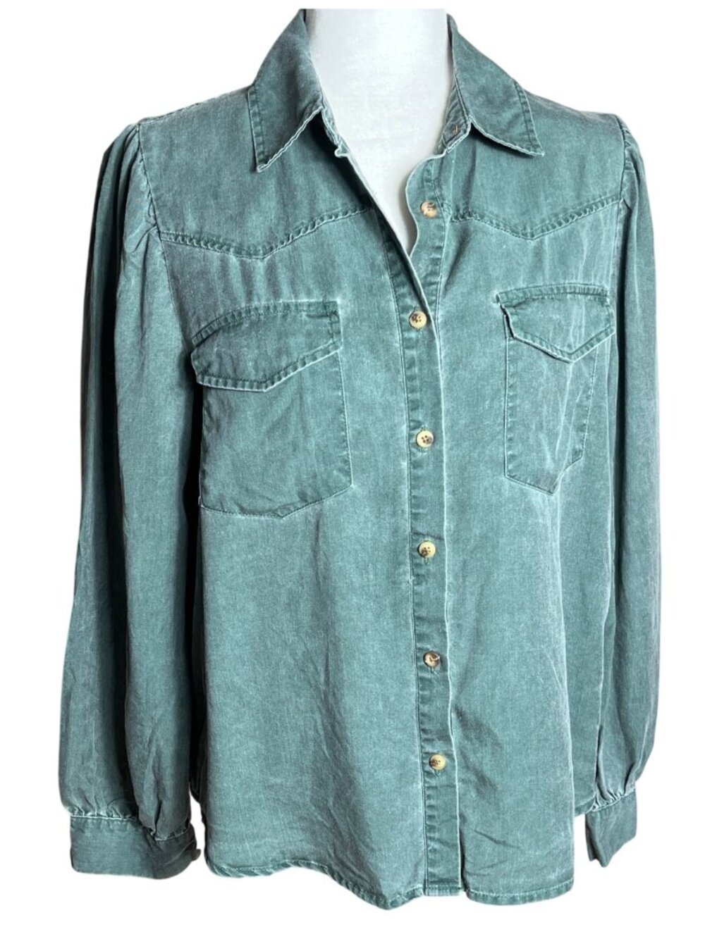 Jane & Delancey Western Button Shirt Green Garment Dye Rustic Prairie Layer Wm M